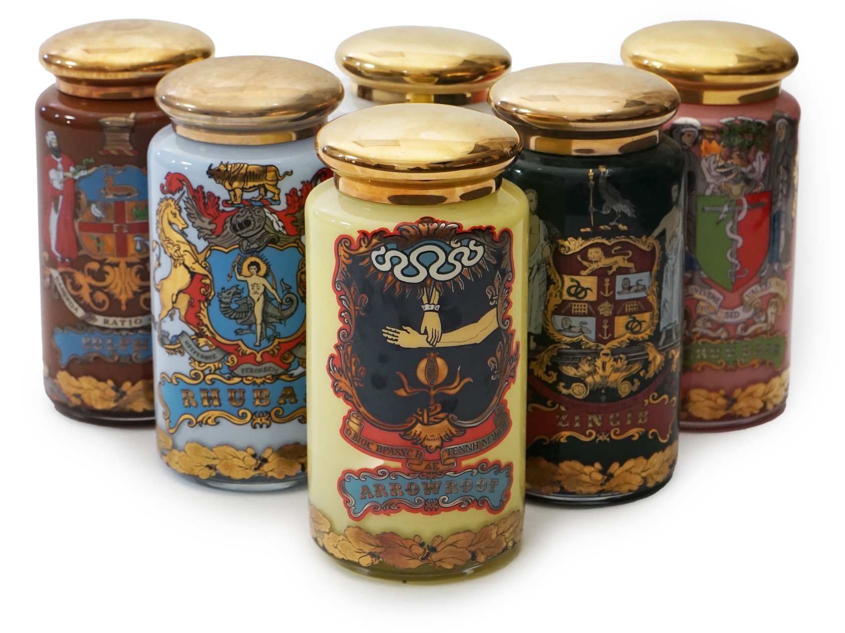 A set of six enamelled and gilt Specie jars, made for the National Pharmaceutical Association by Carlyle Fine Collections and designed by S. Wheaton, c.1990